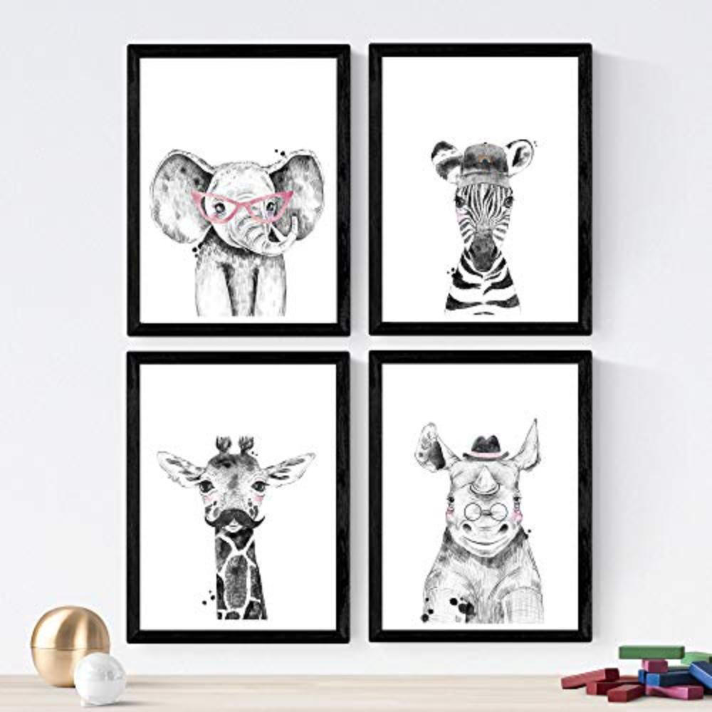 POSTER Set mit 4 erwachsener Kinder A3 Schwarzer Rahmen - Schwarz, Papier (29.7/3cm) - Nacnic