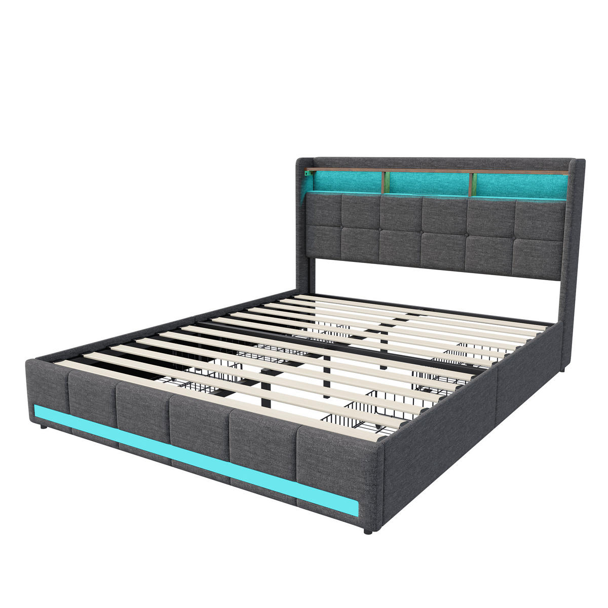 DOPPELBETT 140 x 190 cm mit 4 Schubladen, LED-Kopfteil, USB-/Typ-C-Anschlüssen, Leinen und Lattenrost, grau - Grau, Holzwerkstoff/Textil