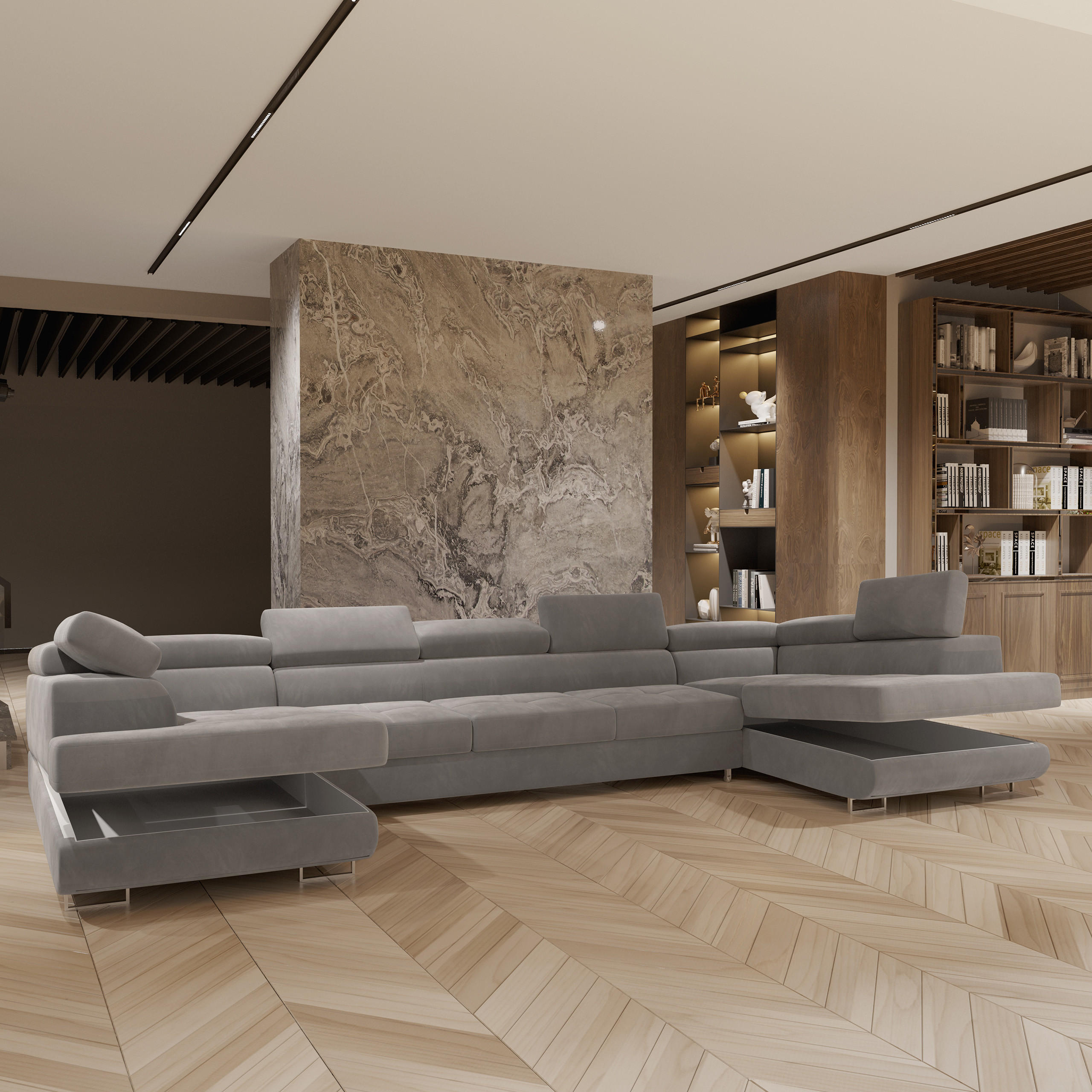 WOHNLANDSCHAFT ISOLANO Grau Velours-Stoff mit Schlaffunktion - Grau, Holz (408/90/202cm) - MASSENO