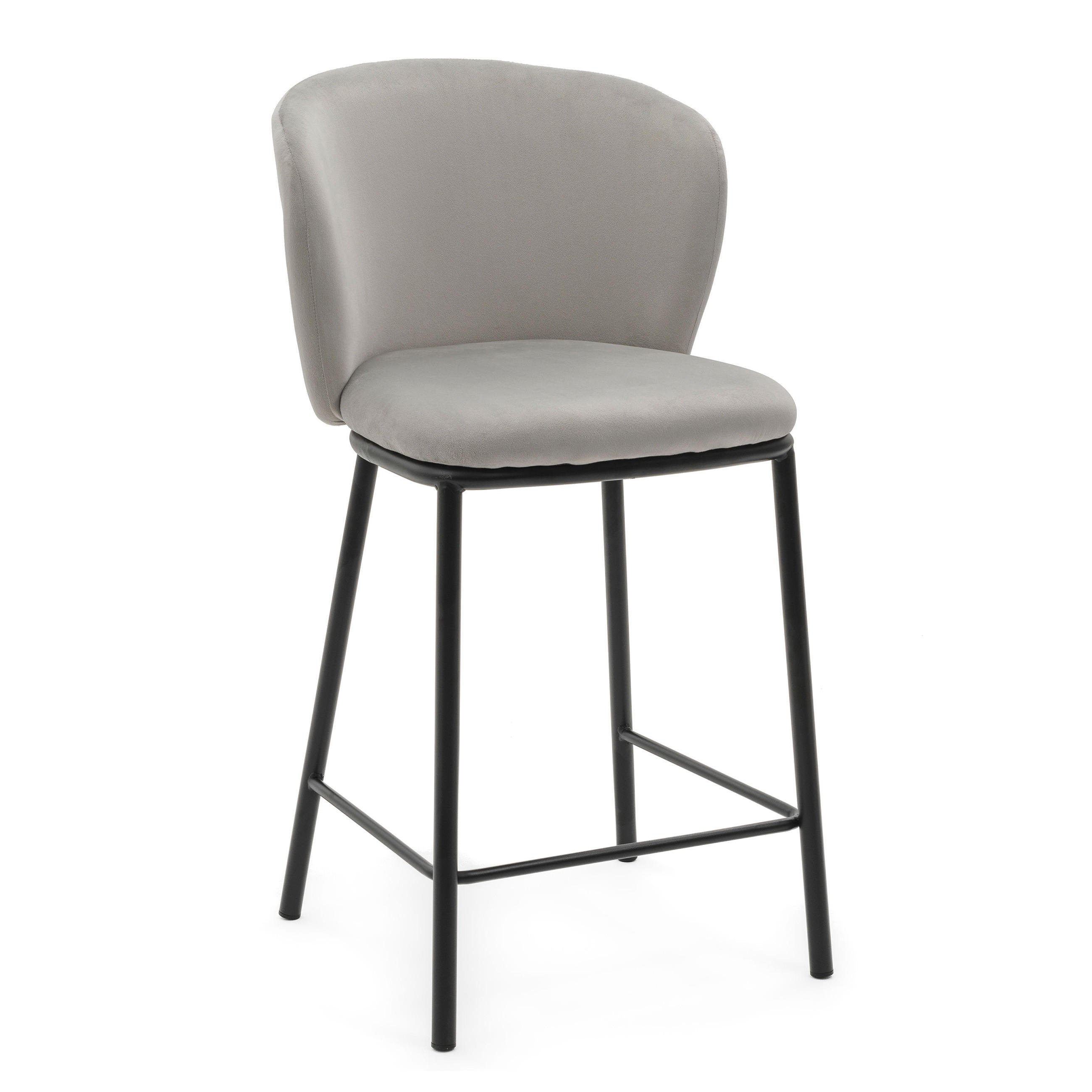 BARHOCKER BARI gepolsterter mit Steppung - hellgrau - Samt Velour - Hellgrau/Schwarz, Textil/Metall (55/94/57cm) - NEW HOME