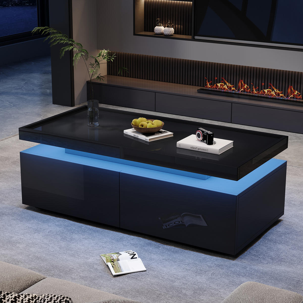 COUCHTISCH 95x45x35cm Schwarz-Hochglanz LED-App-Steuerung 2-Schubladen - Schwarz, Holz (111/54.28/16.08cm) - Raelunyi