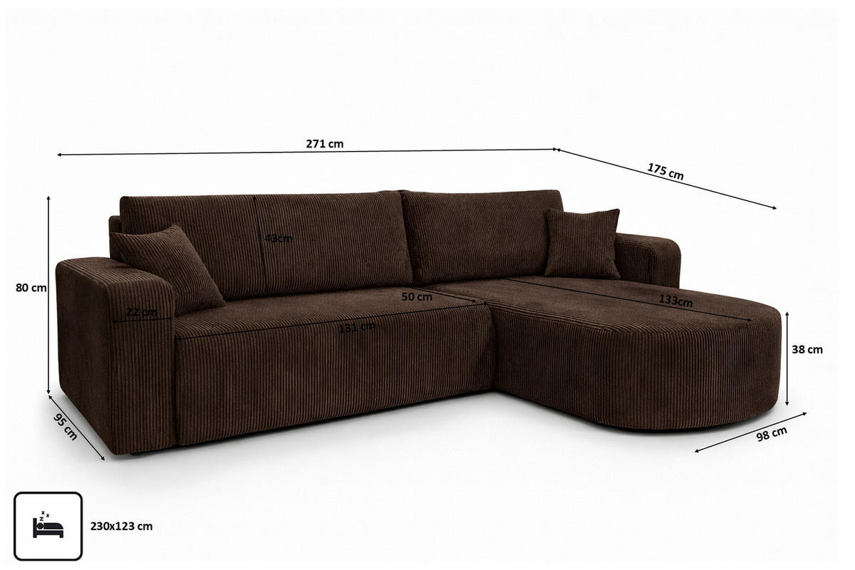 ECKSOFA Mit Schlaffunktion, Cordstoff Poso, Braun, Rechts, ROUND ONE XL - Braun, Holz (271/175cm) - Kaiser Möbel