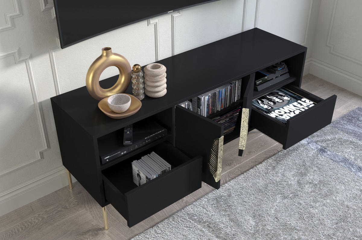 LOWBOARD Merlin, Schwarz, Goldene Details - Goldfarben/Schwarz, Holzwerkstoff/Metall (138/60/40cm) - Skandica