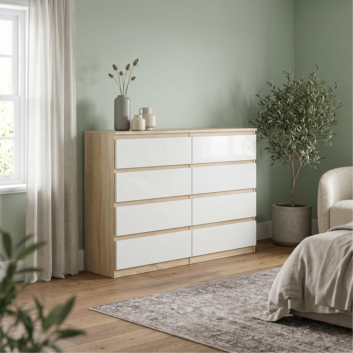 KOMMODE NUDO 138,5/101,5/39cm mit 8 Schubladen Türen Sonoma Eiche - Weiß/Sonoma Eiche, Holzwerkstoff (138.5/101.5/39cm) - MASSENO
