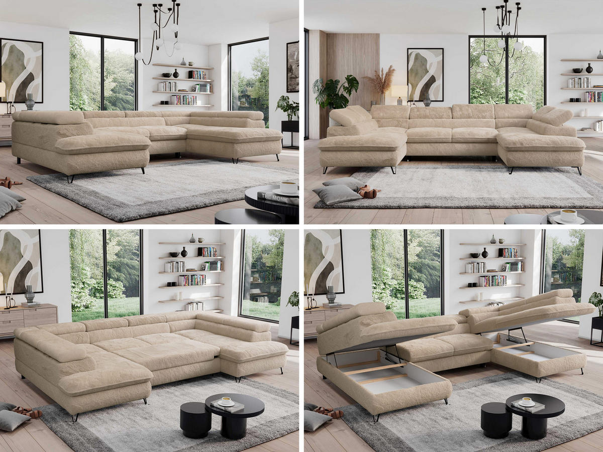 WOHNLANDSCHAFT PETER U Plüsch Beige - Beige/Schwarz, Textil/Metall (346/76/208cm) - MKS