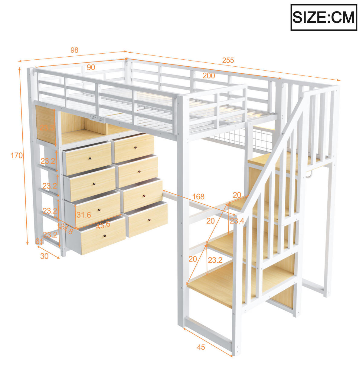 HOCHBETT MDF Metall 90x200 cm Weiß mit Stauraumtreppe, LED und 8 Schubladen - Weiß, Holzwerkstoff (90/200cm) - Modfu