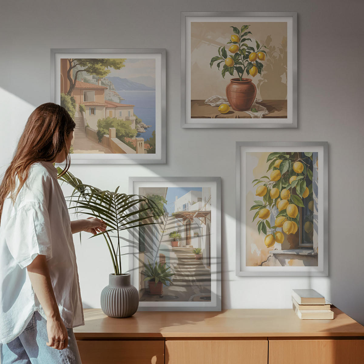 WANDBILDER 4er Set - 50x50 cm & 40x60 cm Silberner Rahmen - Lemon Streets Meerblick - Silberfarben, Kunststoff (50/50cm) - ArtPrintCave