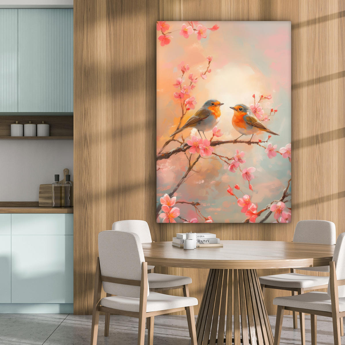 LEINWANDBILD Rotkehlchen - Zierpflanze - Blütenzweig Deko Groß 90x140 cm - Hellrosa, Textil (90/140cm) - MuchoWow