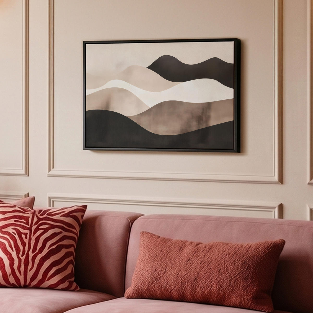 LEINWAND Bilder mit Rahmen - Abstrakt - Landschaft - Wellen - Cremefarben - 60x40 - Cappuccino, Textil (60/40cm) - MuchoWow