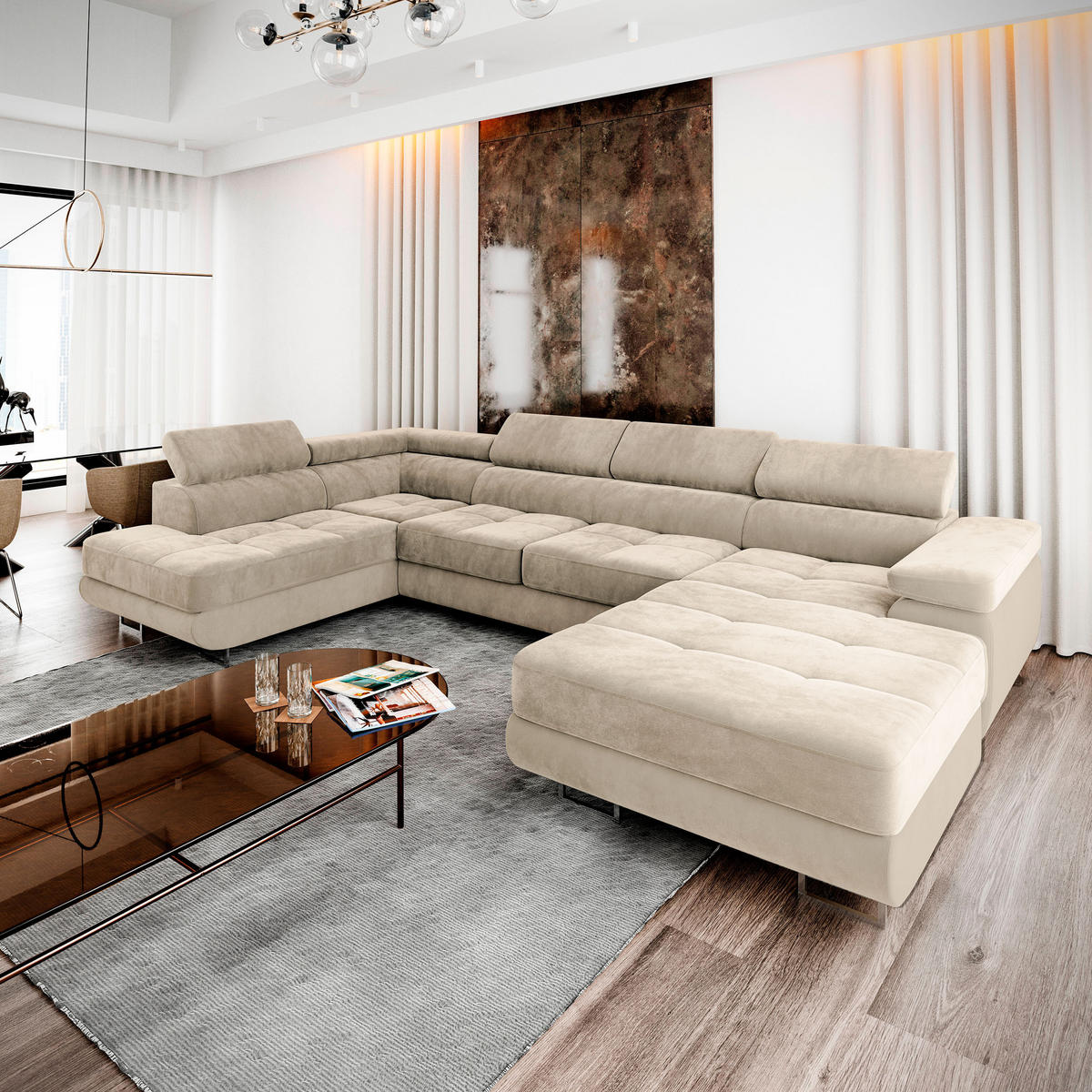 WOHNLANDSCHAFT CASONE L-S Creme Velours-Stoff mit Schlaffunktion - Creme, Holz (345/90/202cm) - MASSENO