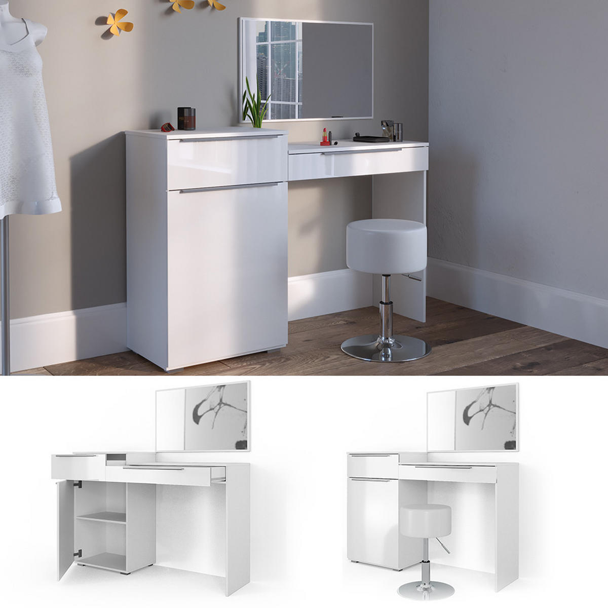 SCHMINKTISCH Lilli Weiß 135 cm mit Hocker - Weiß, Holzwerkstoff (135/90/39cm) - Vicco