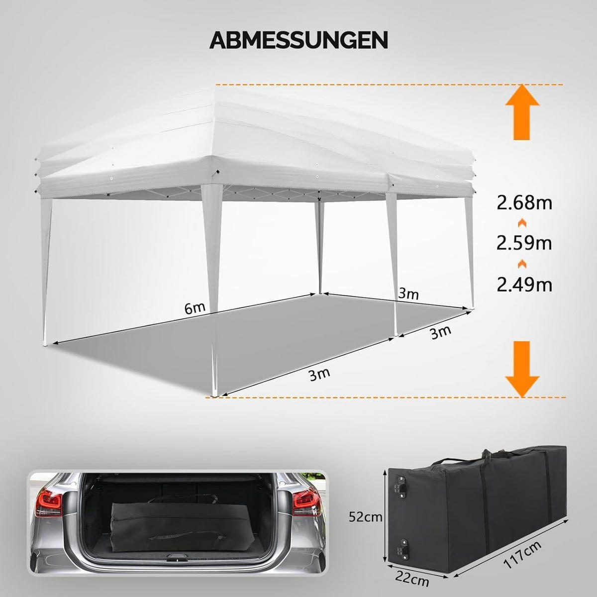 FALTPAVILLON 3 x 6 m Wasserdicht Sonnenschutz Weiß mit 4 Seitenwänden - Weiß, Textil (300/255/600cm)