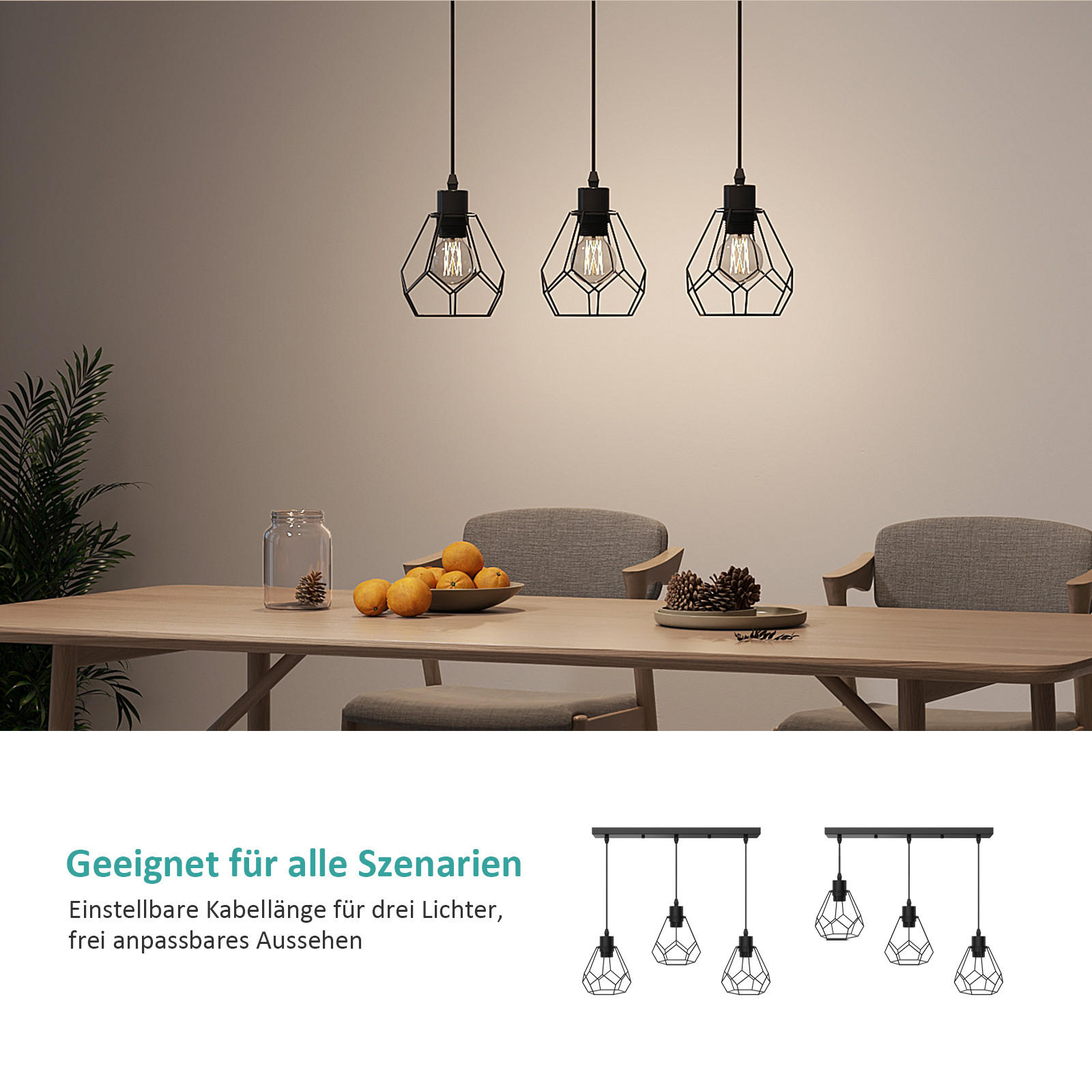 DECKENLAMPE Pendelleuchte Retro Industrial 3-flammig Metall 12/25/100 cm - Schwarz, Metall (25/12/100cm) - EMKE