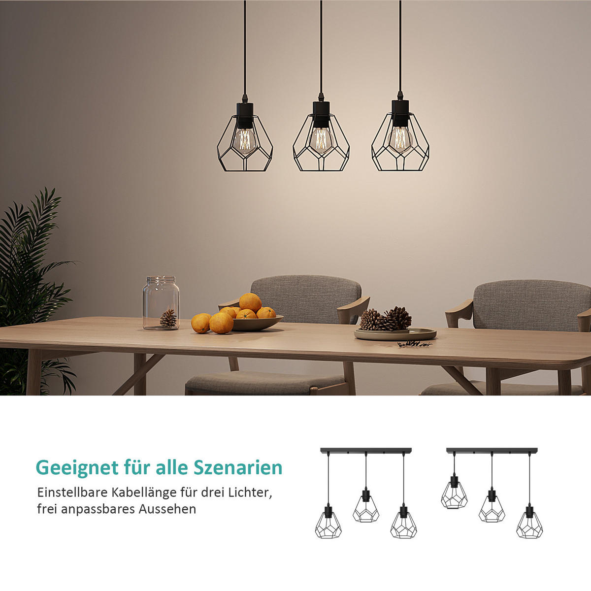 DECKENLAMPE Pendelleuchte Retro Industrial 3-flammig Metall 12/25/100 cm - Schwarz, Metall (25/12/100cm) - EMKE
