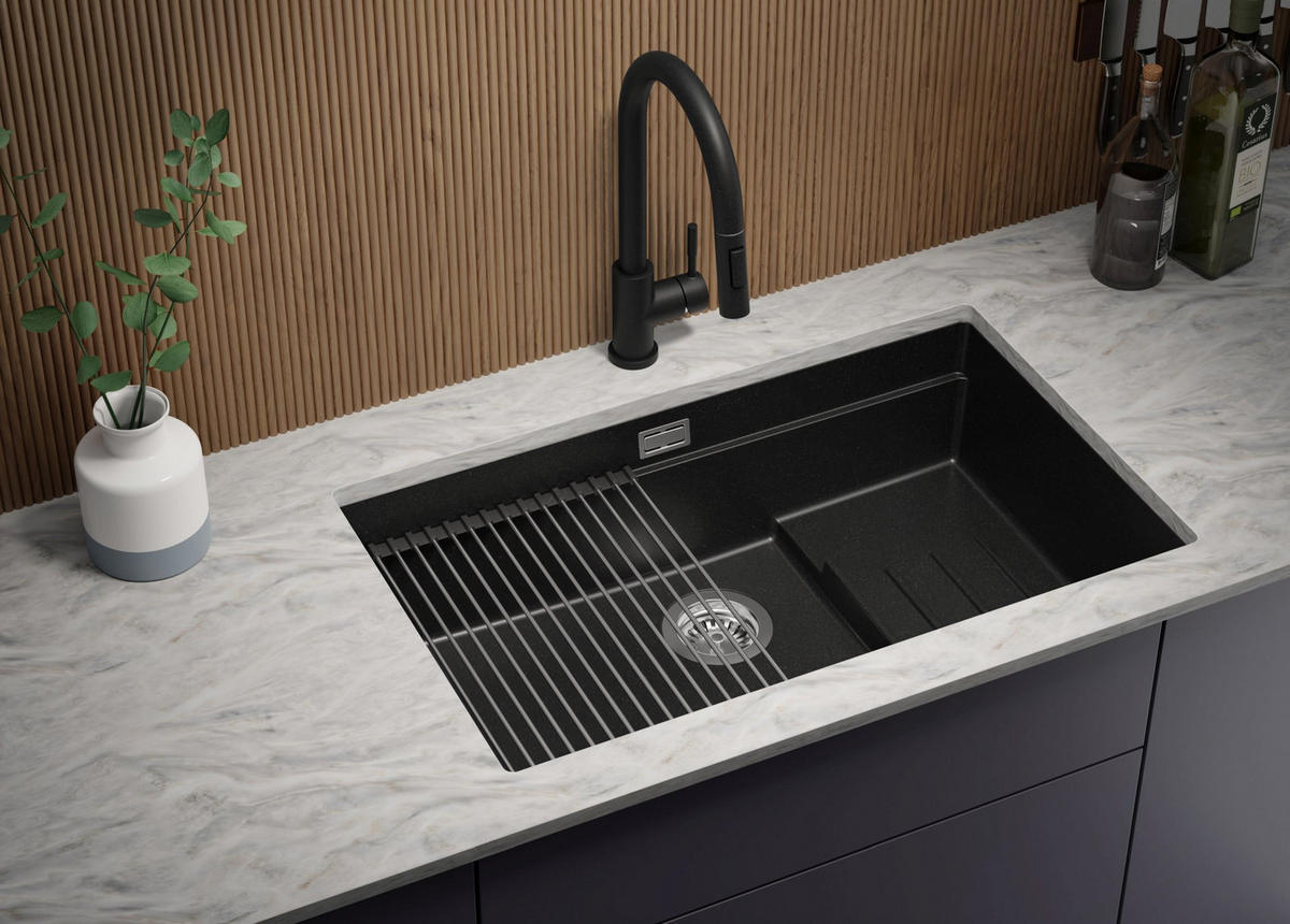 UNTERBAUSPÜLE GRANIT Praga, 2-er set Schwarz 76/47 cm 1 Becken + Küchenarmatur 32/20 cm + Ablauf-Set + Aufrollbare Abtropffläche ab 80er Unterschrank - Chromfarben/Schwarz, Kunststoff (76/20/47cm) - Primagran