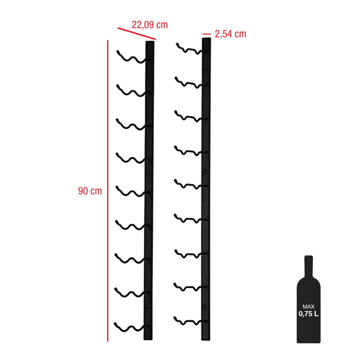 WANDWEINHALTER Schwarz 23/3/90 cm - Schwarz, Metall (23/90/3cm) - Mobili Rebecca