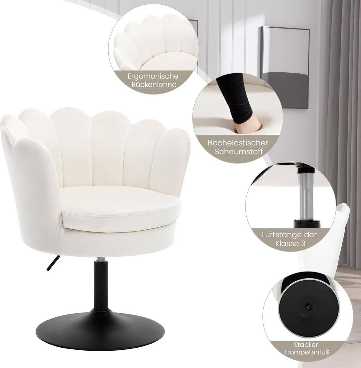 DREHSTUHL Blumenform, Samtbezug, Beige - Beige/Schwarz, Textil/Metall (65/71/61cm) - Woltu