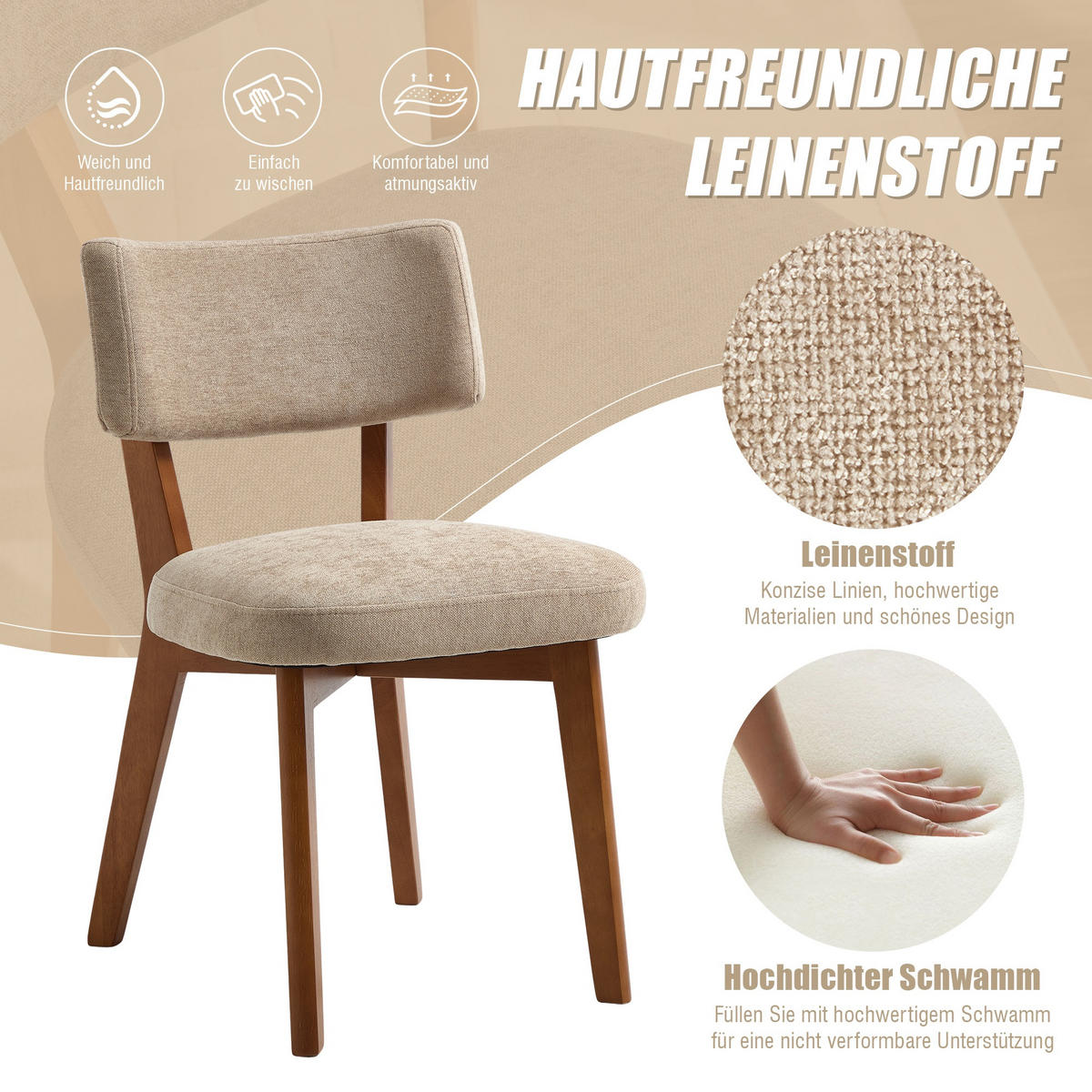 STÜHLE 2er-Set Esszimmerstuhl,Massivholz,Leinenstoff,Khaki - Braun, Textil (47/77/54.5cm) - LVHOM
