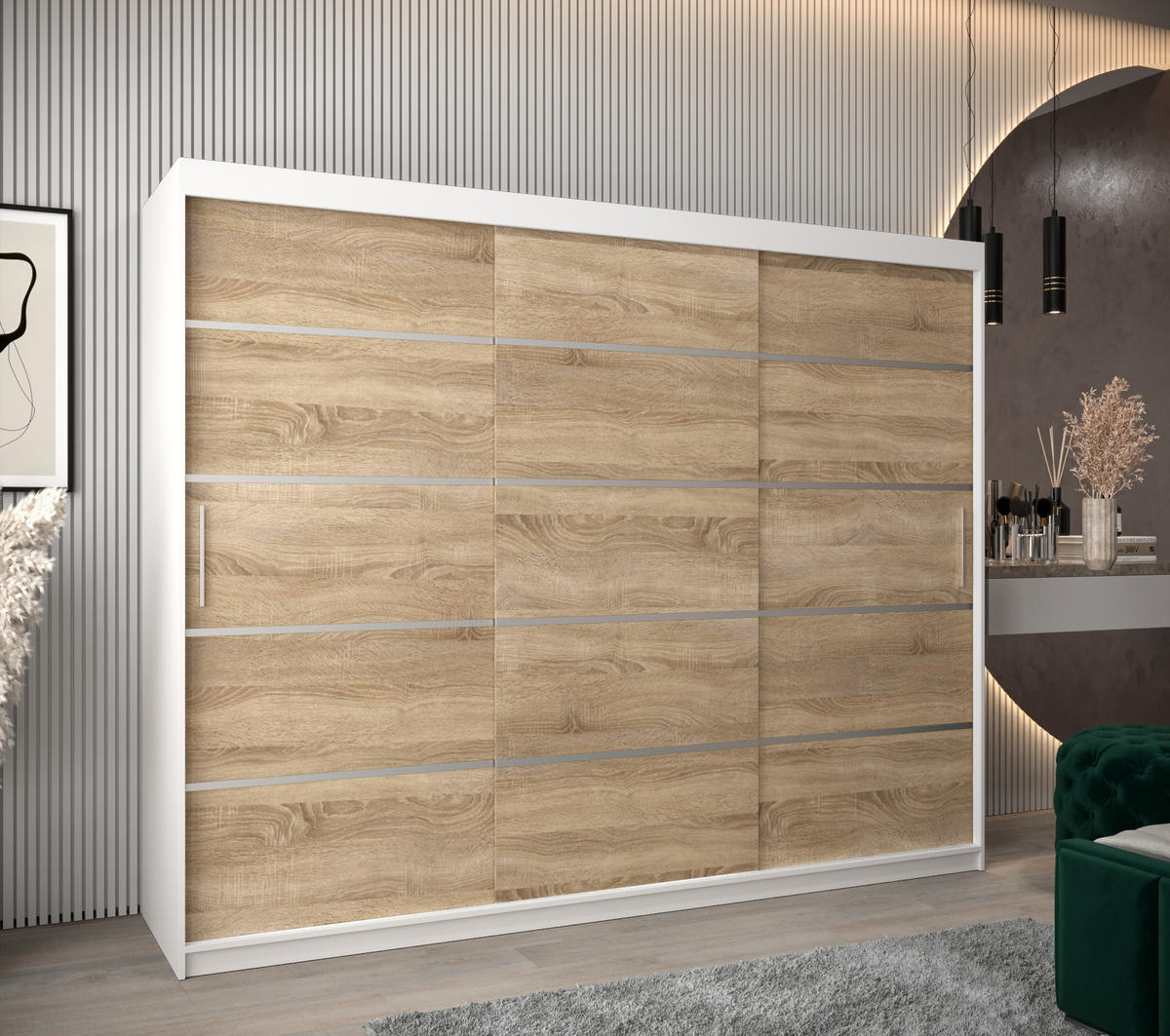 SCHWEBETÜRENSCHRANK 200/250/62 3-türig - Silberfarben/Weiß, Holz/Kunststoff (250/200/62cm) - Abiks Möbel