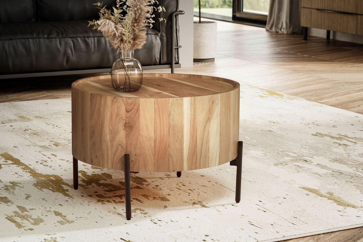 COUCHTISCH Akazie Massivholz Rund 60x60x41cm Metallgestell Braun/Schwarz - Schwarz/Akaziefarben, Holz/Metall (60/60/41cm) - KADIMA DESIGN