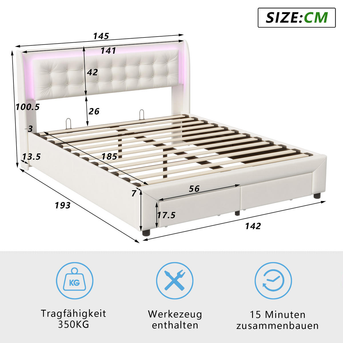 POLSTERBETT 140 x 190 cm, Doppelbett mit LED-Kopfteil, hydraulisches Bett mit 2 Schubladen, beige, Samt. - Beige, Holz (140/200cm) - WoodenAura
