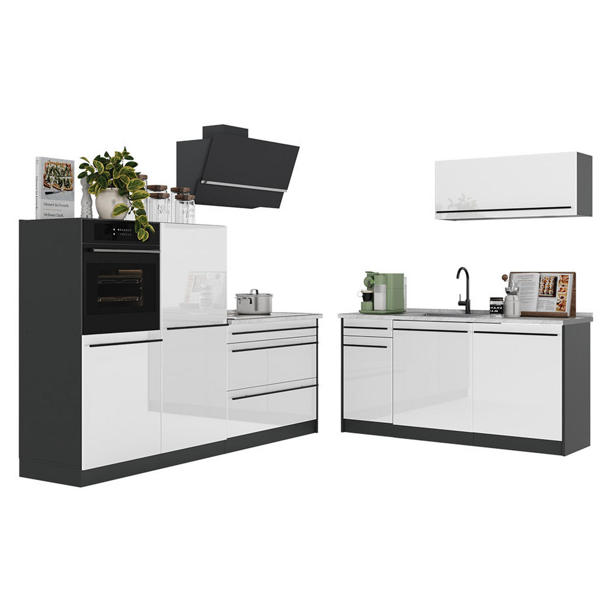 KÜCHENZEILE R-Line, Weiß Hochglanz/Anthrazit, 220 cm Arbeitsplatte Anthrazit - Weiß Hochglanz/Anthrazit, Holzwerkstoff (220/143/60cm) - Vicco
