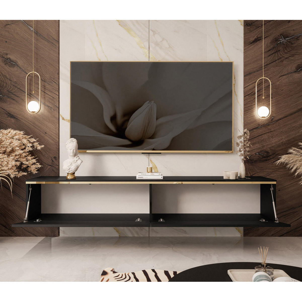 HÄNGESCHRANK TV-Möbel AURORA Schwarz Matt mit LED Beleuchtung - Schwarz, Holzwerkstoff (180/32/40cm) - Lookway