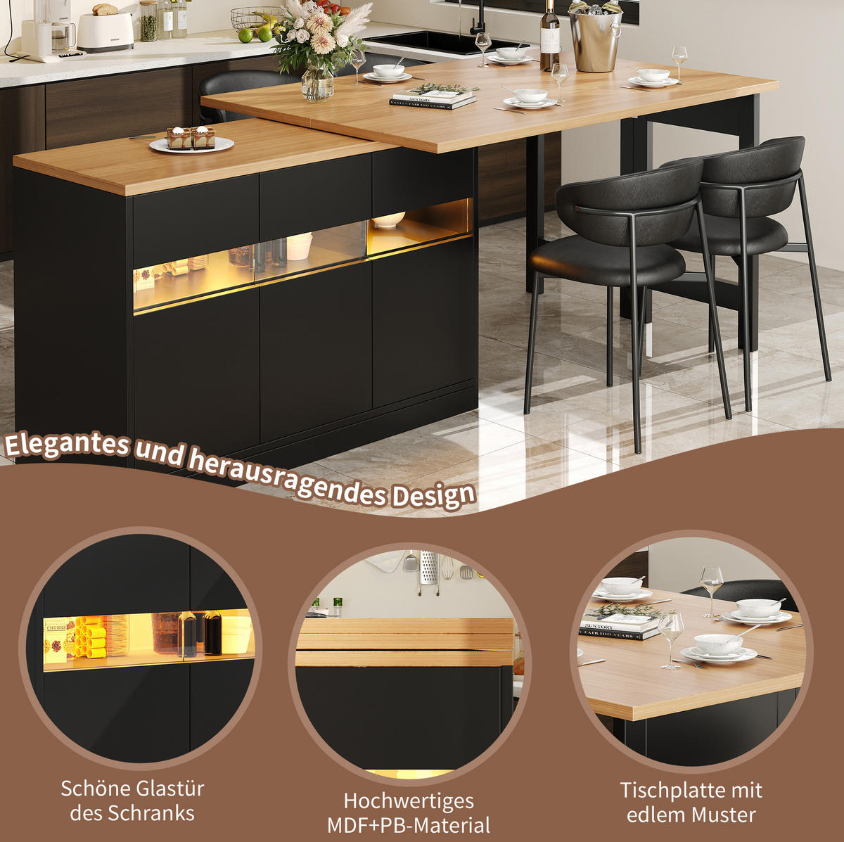 BARTISCH, MDF mit LED & 360° drehbar, ausziehbar 120-180/40/71,5 cm, Schwarz - Schwarz, Holzwerkstoff (40/71.5/107cm) - Redom