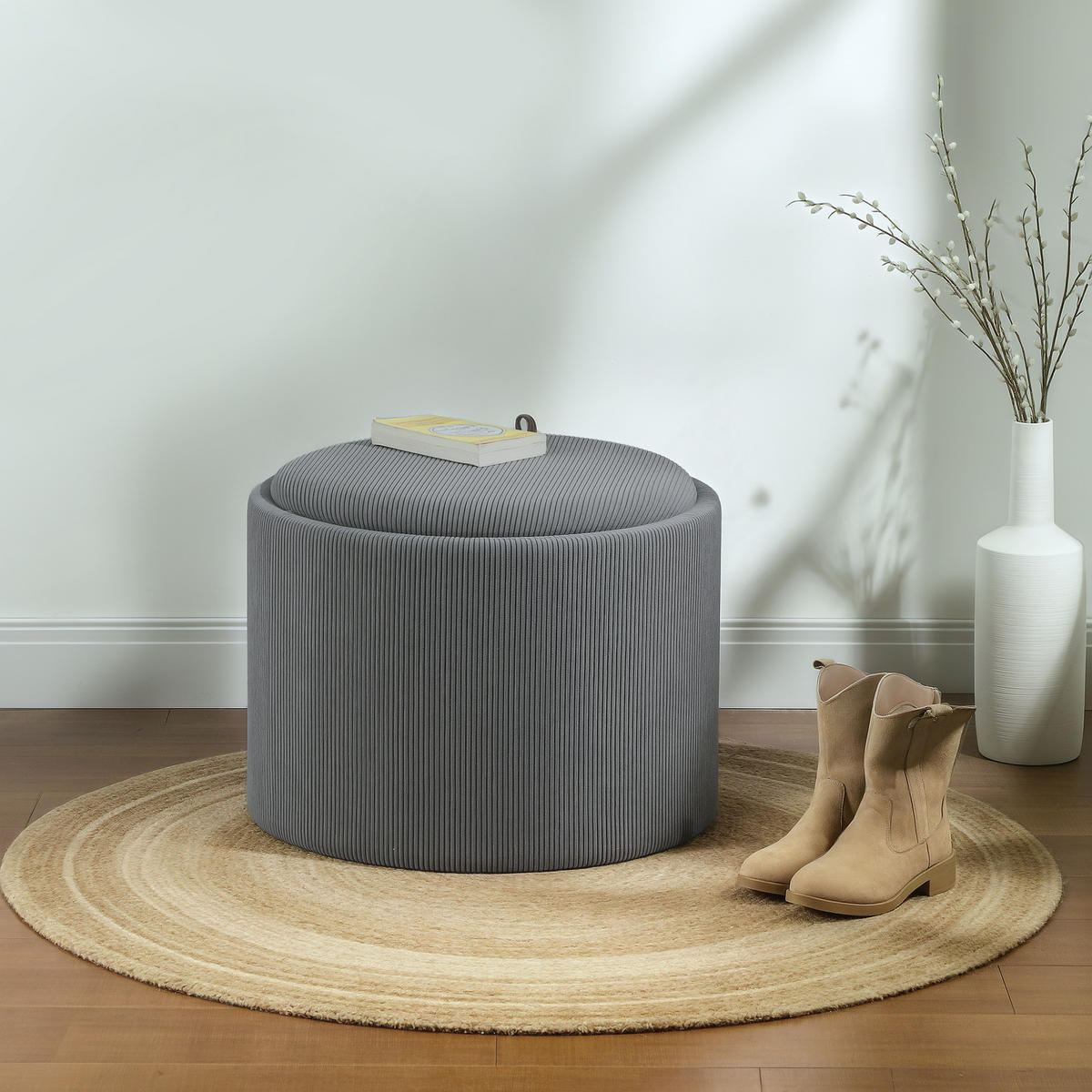 SITZHOCKER mit Stauraum Hocker mit Deckel, Cord-Optik 56 x 56 x 42 cm Grau - Grau, Textil (56/42/56cm) - HOMCOM