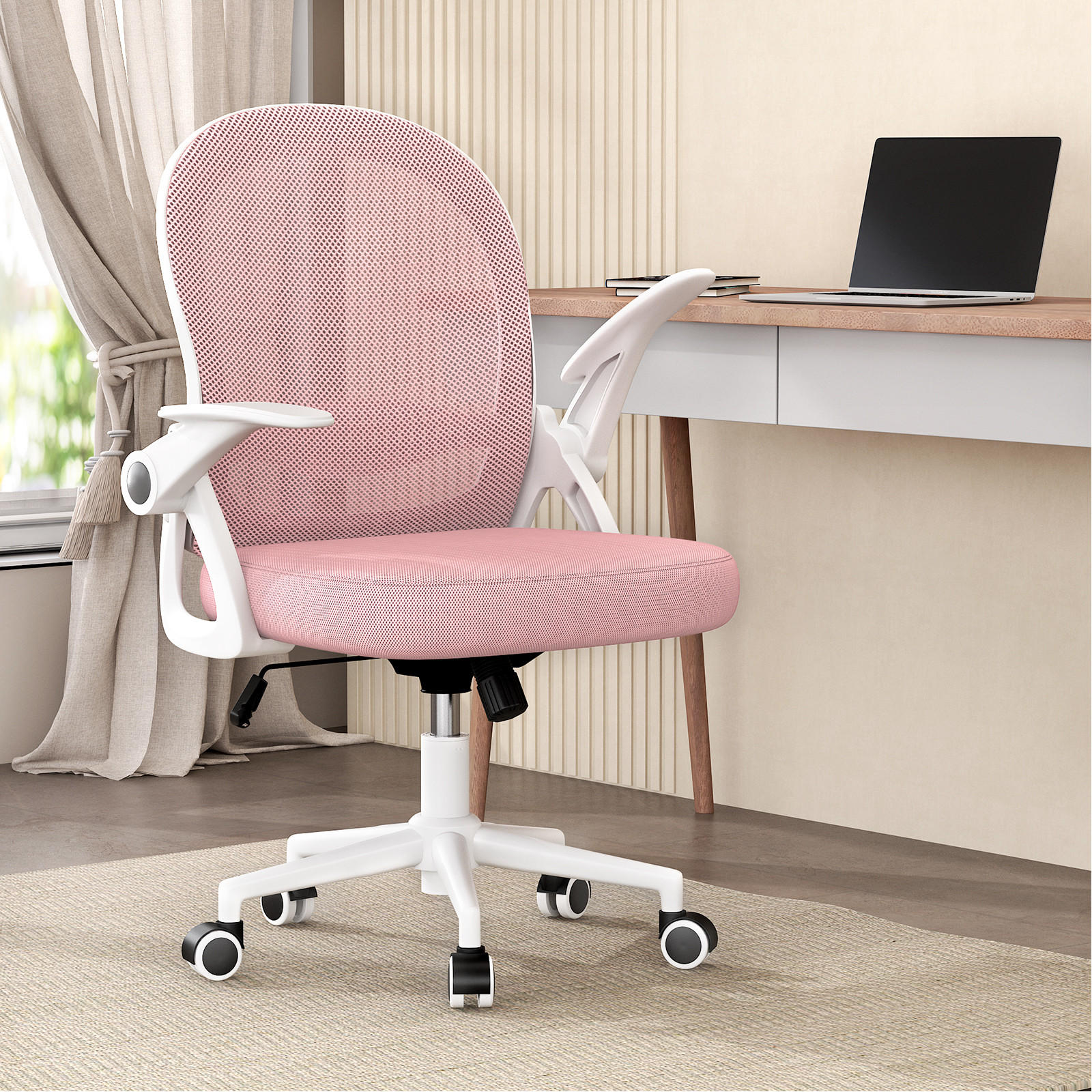 BÜROSTUHL Weiß-Pink ergonomisch mit Mesh Rückenlehne - Pink, Metall (25/53/56cm) - Rattrix