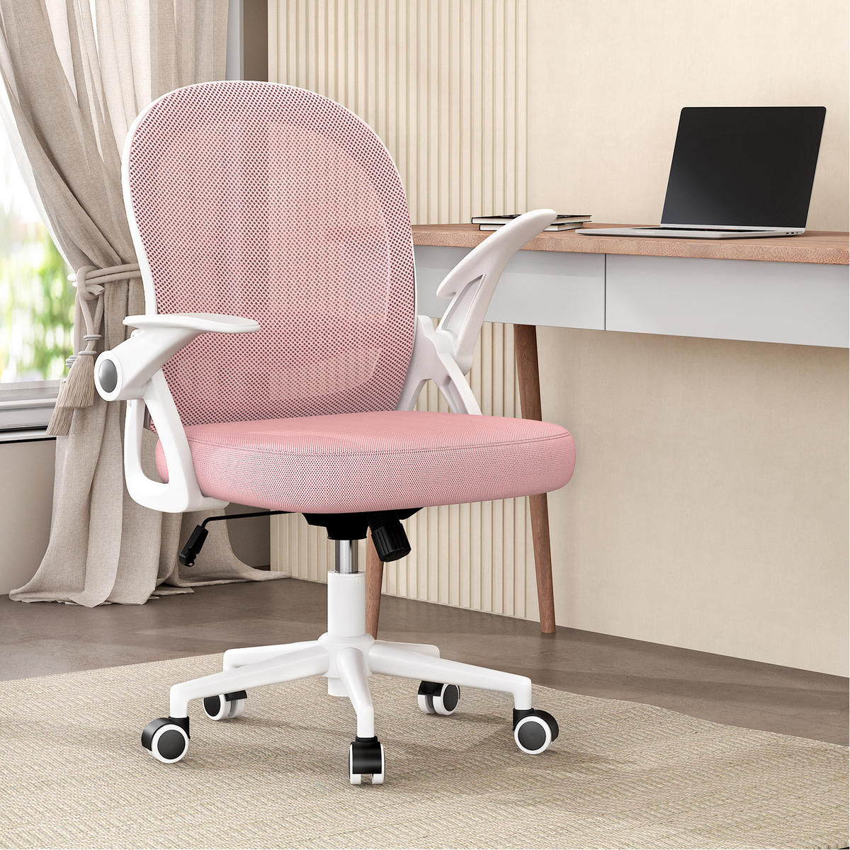 BÜROSTUHL Weiß-Pink ergonomisch mit Mesh Rückenlehne - Pink, Metall (25/53/56cm) - Rattrix