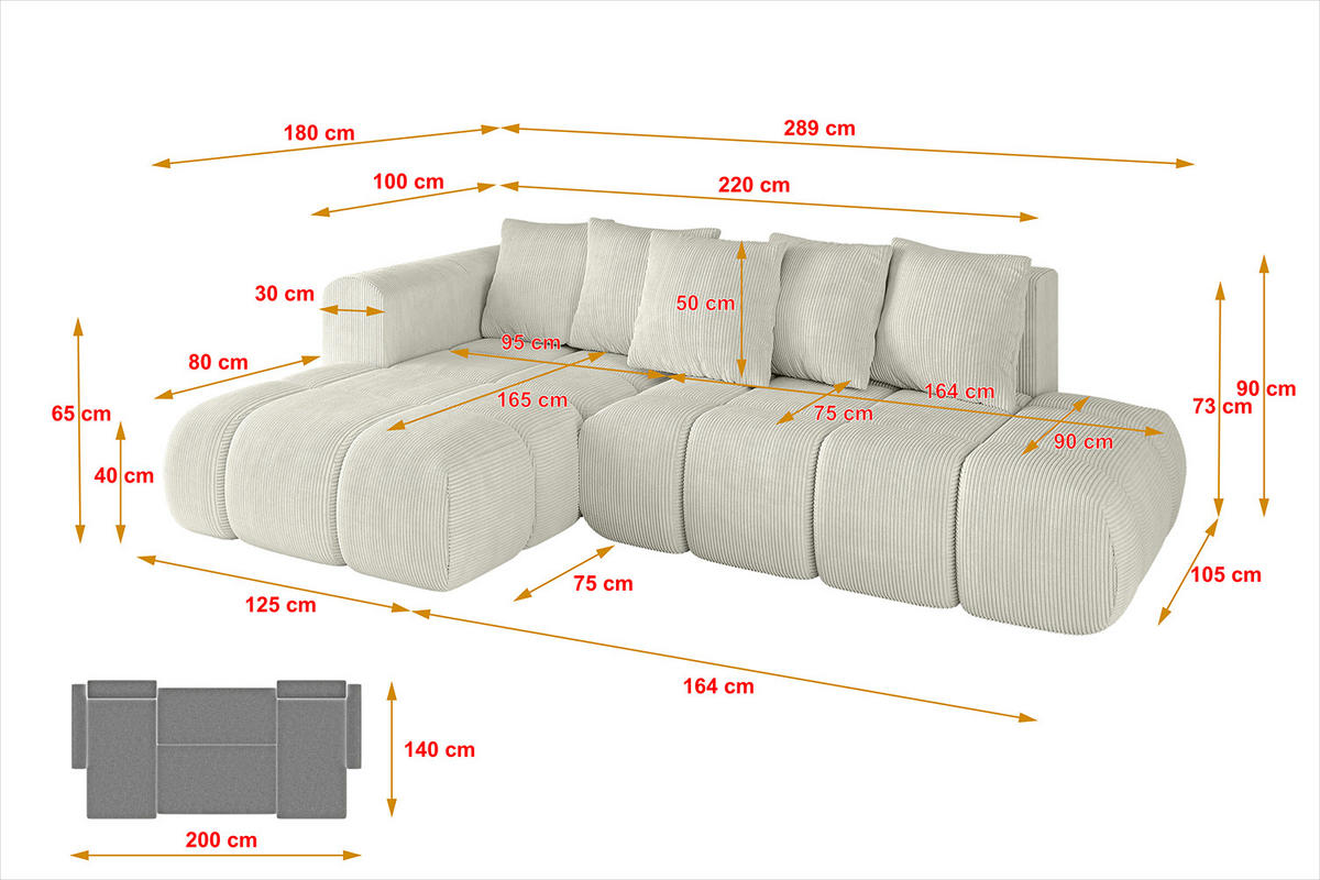 ECKSOFA Ottomane Links CLOUD-L-v1 289x180x40 Hellgrau Cord - Hellgrau, Holzwerkstoff/Kunststoff (180/289cm) - ALTDECOR