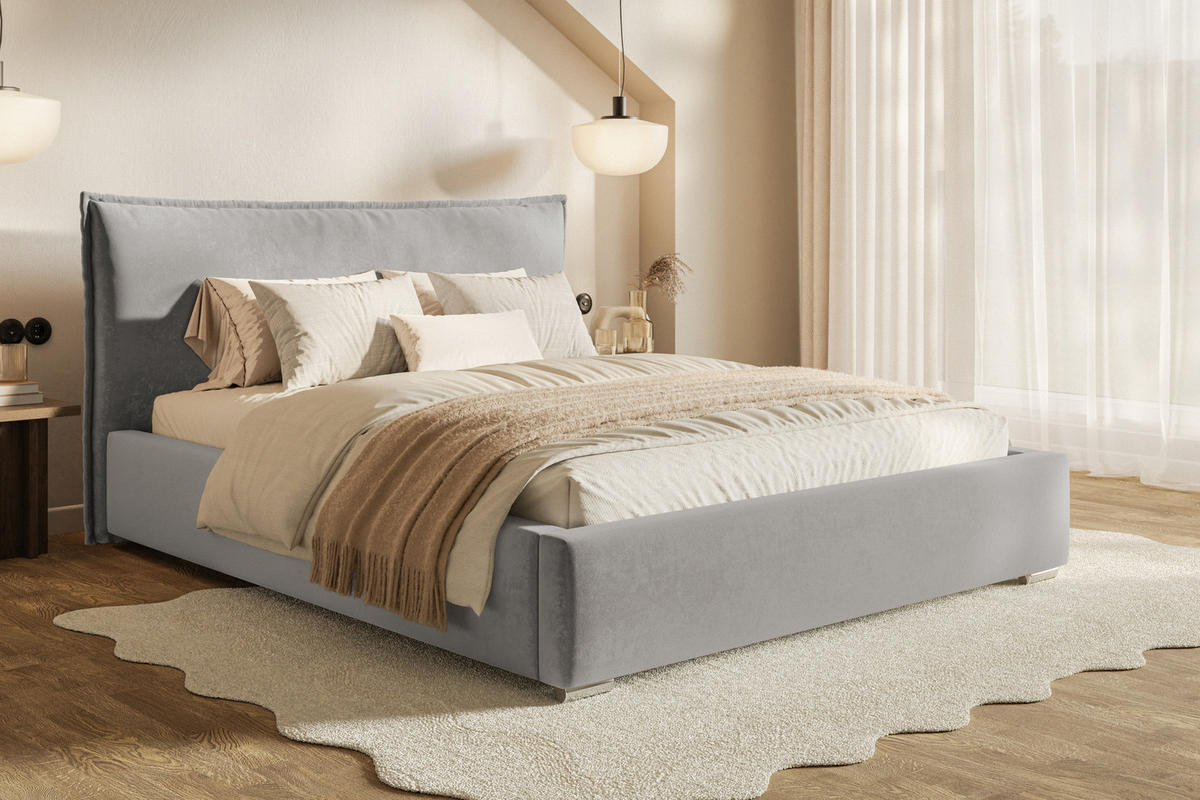 POLSTERBETT 180x200 Zenito mit Kissen-Kopfteil, Bettkasten, Hellgrau - Hellgrau, Holz/Textil (180/200cm) - Emporius