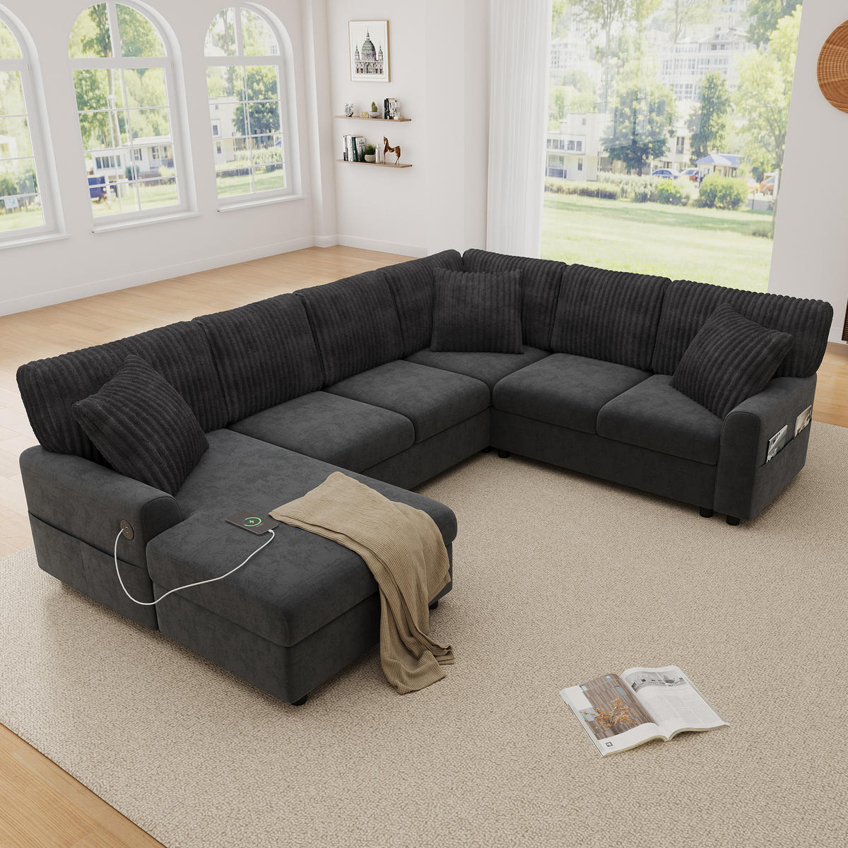 WOHNLANDSCHAFT mit Chaise longue, 3 Kissen, USB/Type-C in Grau - Schwarz, Textil (249/83/196cm) - EVRYAE
