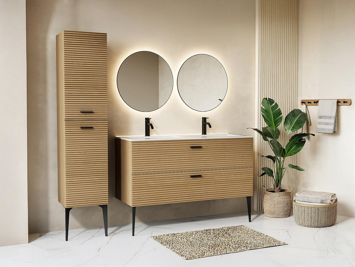 BADMÖBEL-SET - 120 cm x 46 cm - holz - naturfarben hell Sarone - Weiß, Holz (120/55/46cm) - Vente-Unique