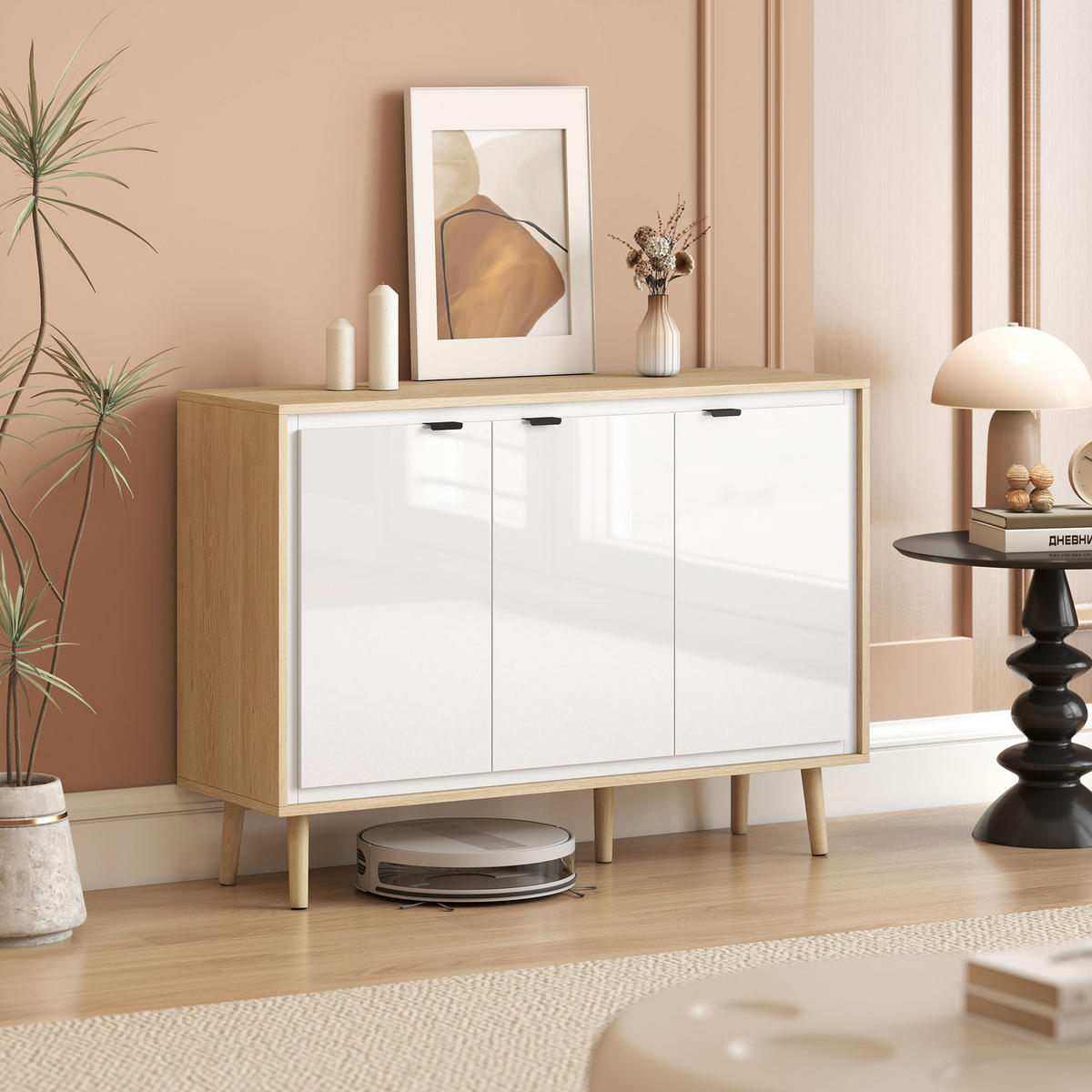 SIDEBOARD DE-11236 3 Türen & verstellbare Böden Weiß/Eiche - Weiß, Holzwerkstoff (107/77/35cm) - ComfortXL