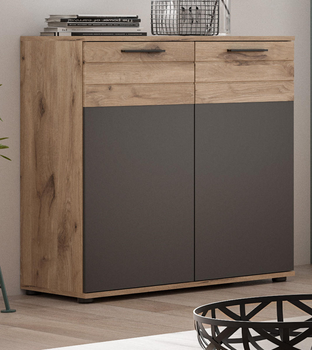 KOMMODE Eiche, grau 80 cm, Sideboard mit Soft-Close, Wohn- und Esszimmermöbel - Eichefarben/Schwarz, Holzwerkstoff/Kunststoff (80/87/40cm) - Inn.Furn