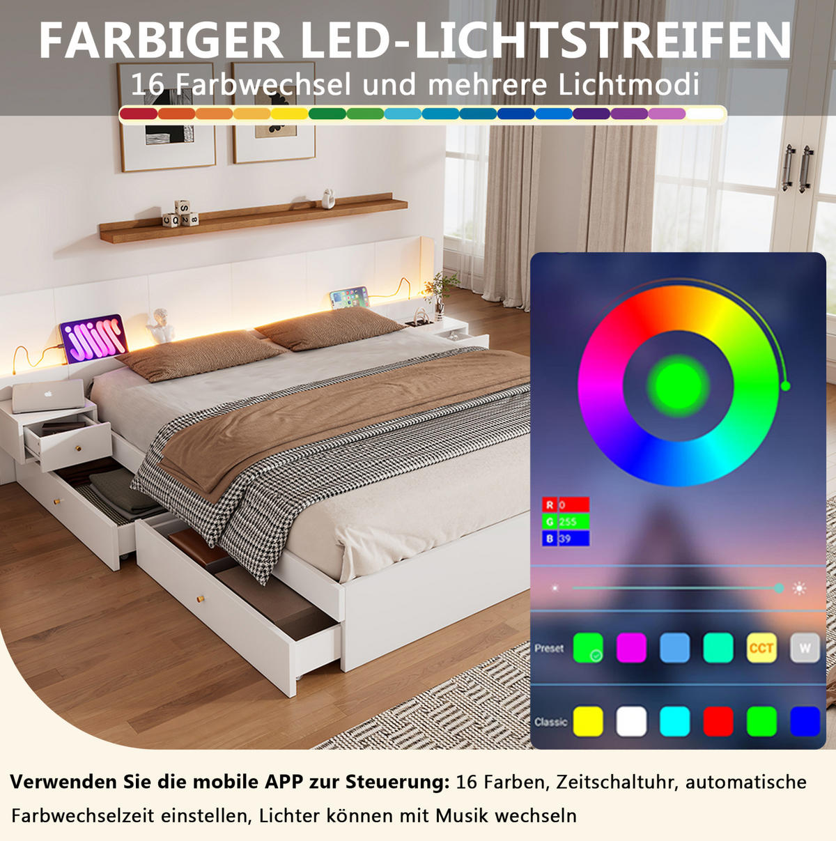 DOPPELBETT 180/200 cm Weiß mit LED-Beleuchtung und USB aus MDF mit Stauraum und Nachttischen - Weiß, Holzwerkstoff (180/200cm) - OKWISH
