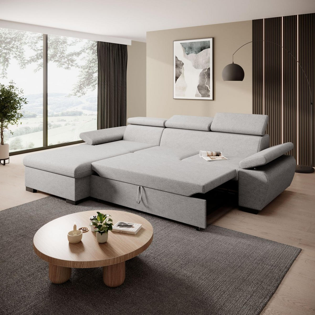 ECKSCHLAFSOFA Coco mit verstellbare Kopfstützen, hellgrau, links - Hellgrau, Textil (273/191cm) - Beautysofa
