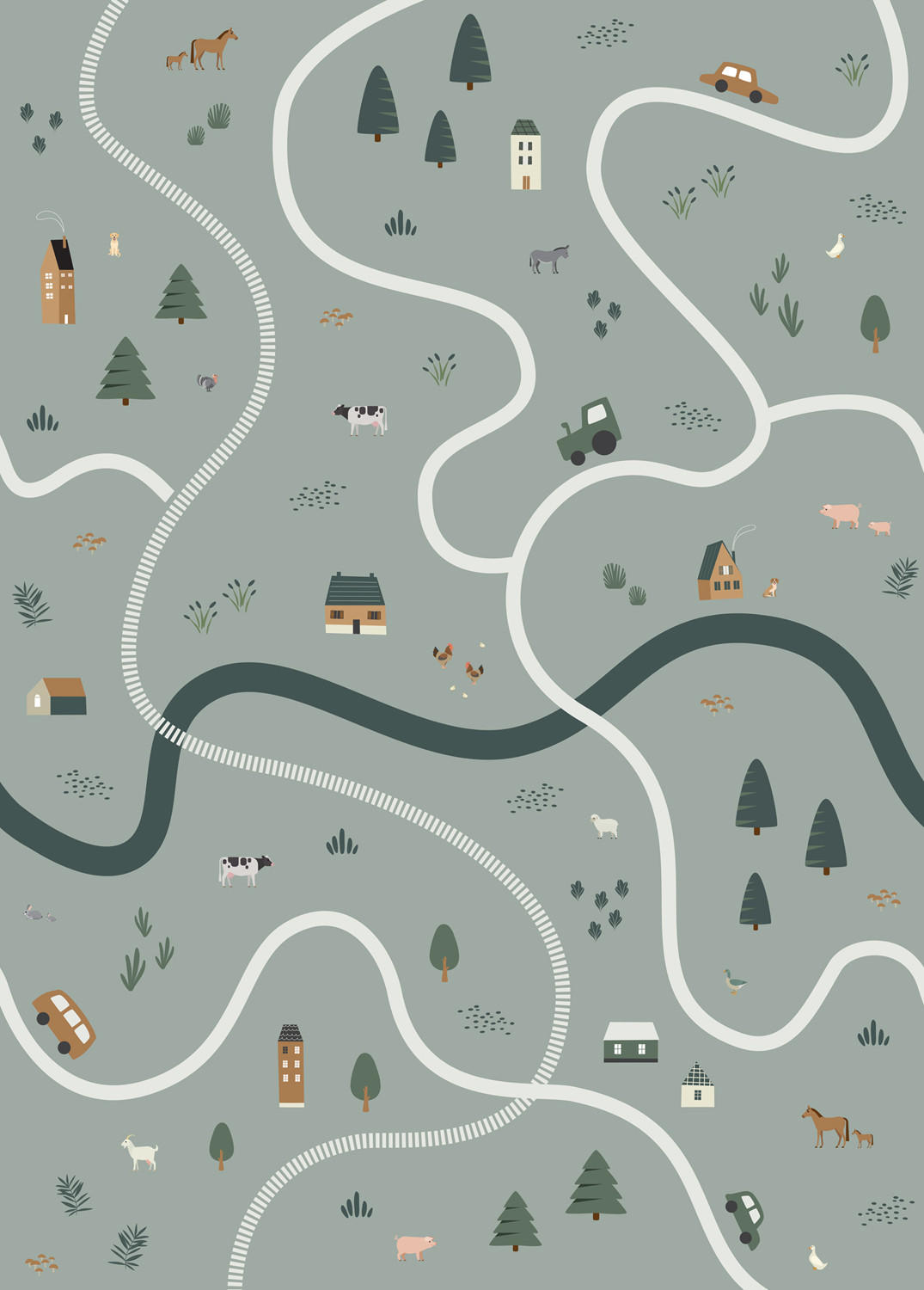 FOTOTAPETE Traktoren und Bauernhoftiere 200 x 279 cm - Grün, Papier (200/279cm) - ESTAhome
