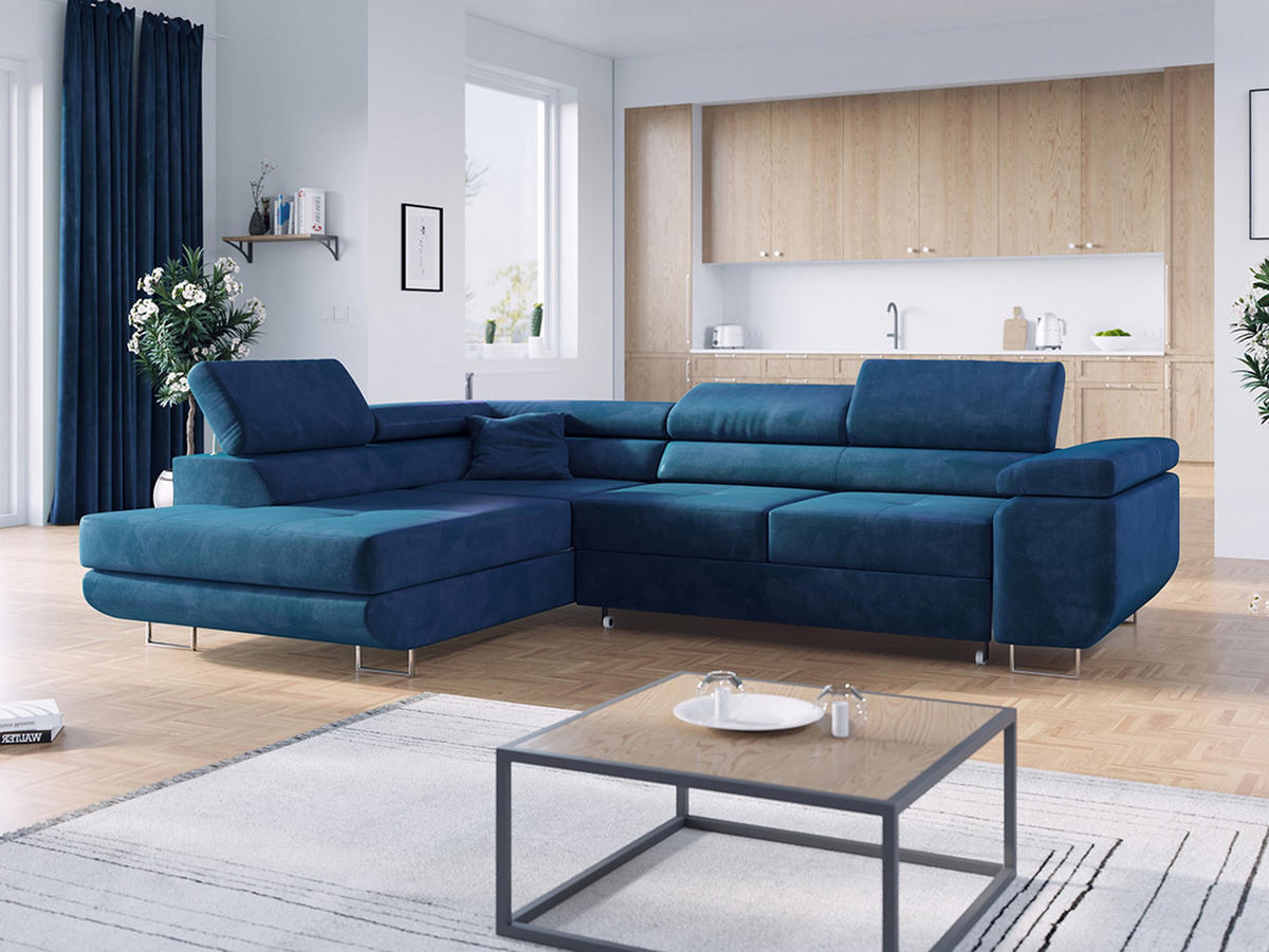 ECKSOFA GUSTAW L Dunkelblau Velvet Links Seite - Silberfarben/Dunkelblau, Textil/Metall (205/275cm) - MKS