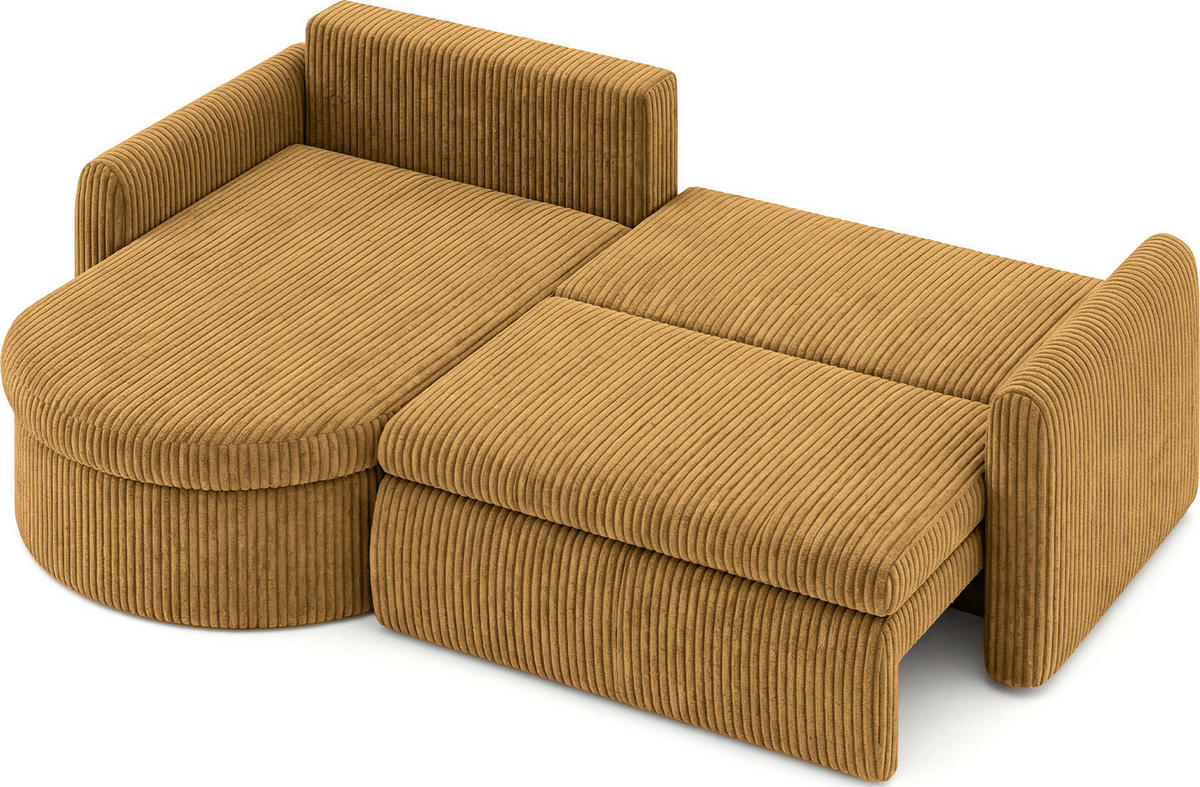 ECKSOFA Cora mit Schlaffunktion & Stauraum, Universell Rechts/Links, Senfgelb Cord Chenille 260/82/160 cm - Dunkelgelb/Schwarz, Kunststoff/Textil (250/160cm) - WFL GROUP