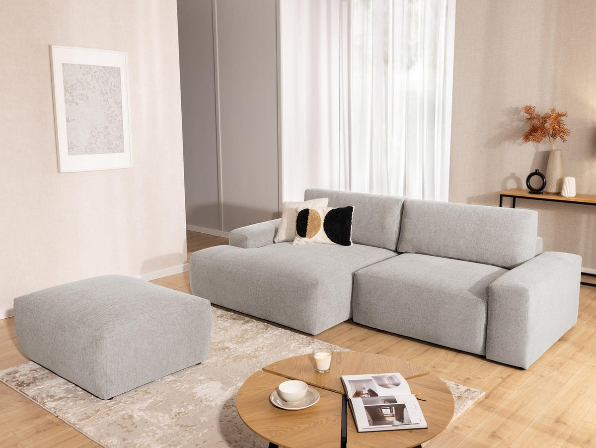 ECKSOFA inkl. Hocker Lennon aus Beige Strukturstoff mit Schlaffunktion und Bettkasten - Beige/Schwarz, Holz/Kunststoff (137/264cm) - S-Style