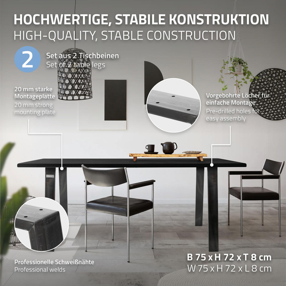 SADA 2 nohou ke stolu Loft 75 x 72 cm Industrial - antracitová, kov (75/72/8cm) - ML-DESIGN