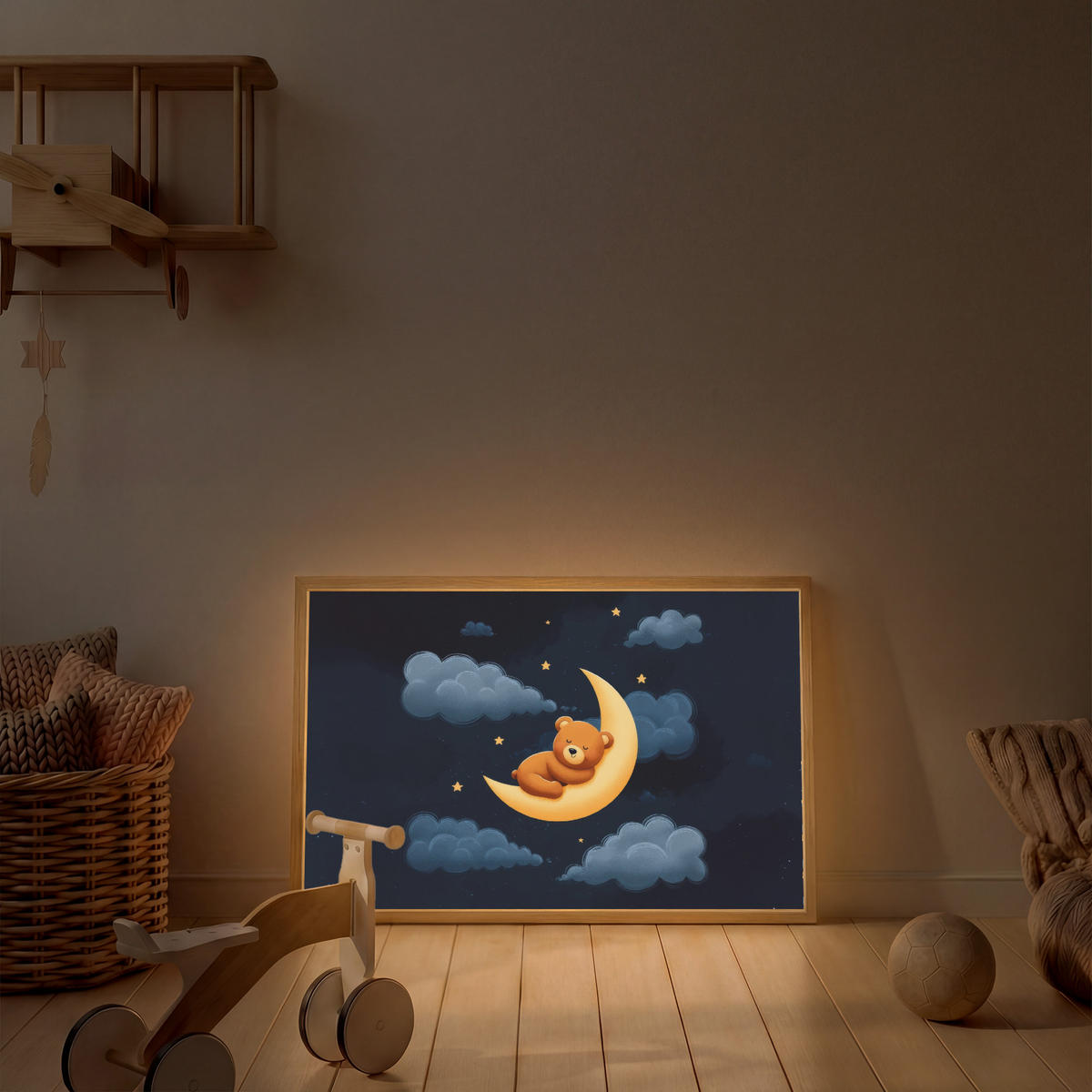 NACHTTISCHLAMPE MIT AKKU Teddybär - Mond - Wolken - Sterne 100x70 cm - Dunkelblau, Holzwerkstoff (8/100/70cm) - OnlyWow