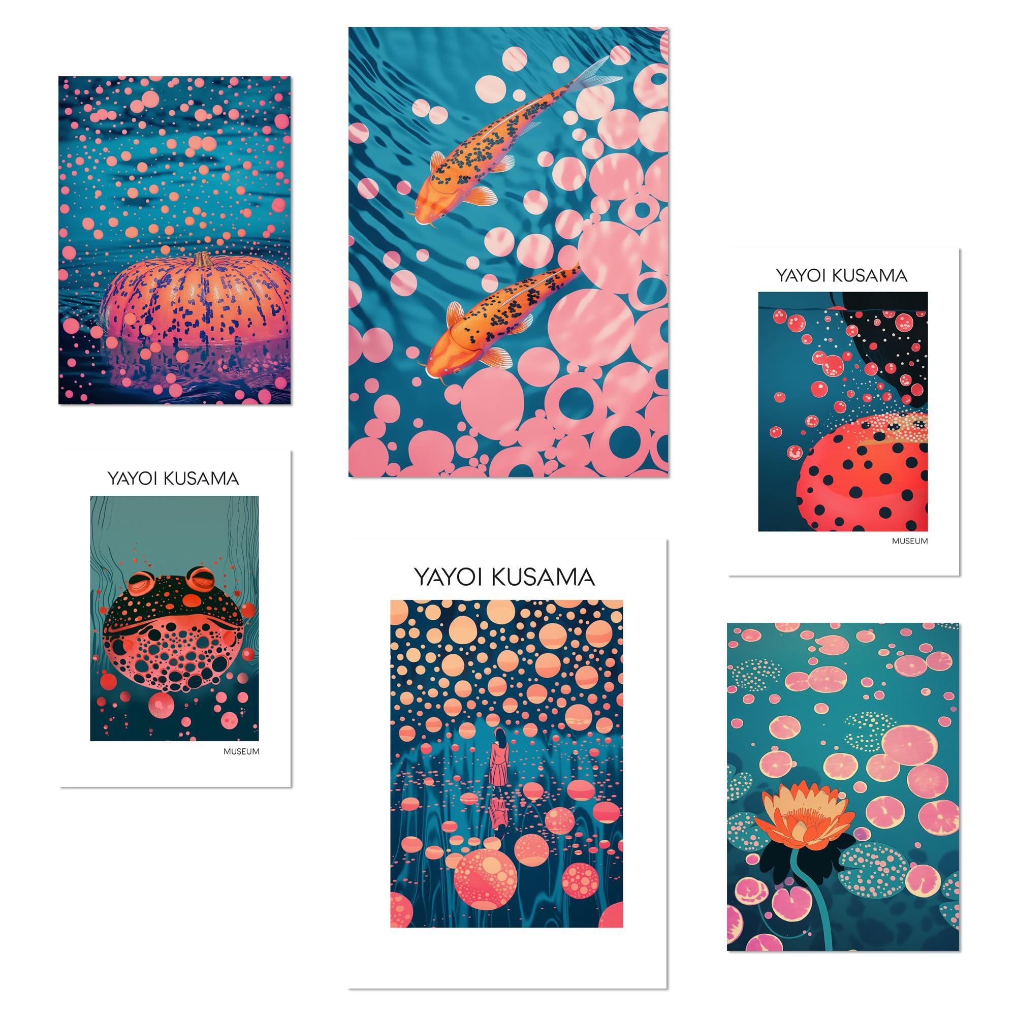 POSTER Set Mit 6 Yayoi Kusama Japanischer Kürbisfisch A3 & A4 Rahmenlos - Klar, Papier (29/3cm) - Nacnic
