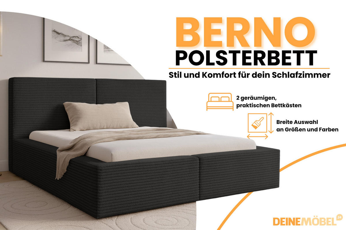 POLSTERBETT BERNO 200/200 in Cord Schwarz - Schwarz, Holz/Holzwerkstoff (200/200cm) - Deine Möbel 24