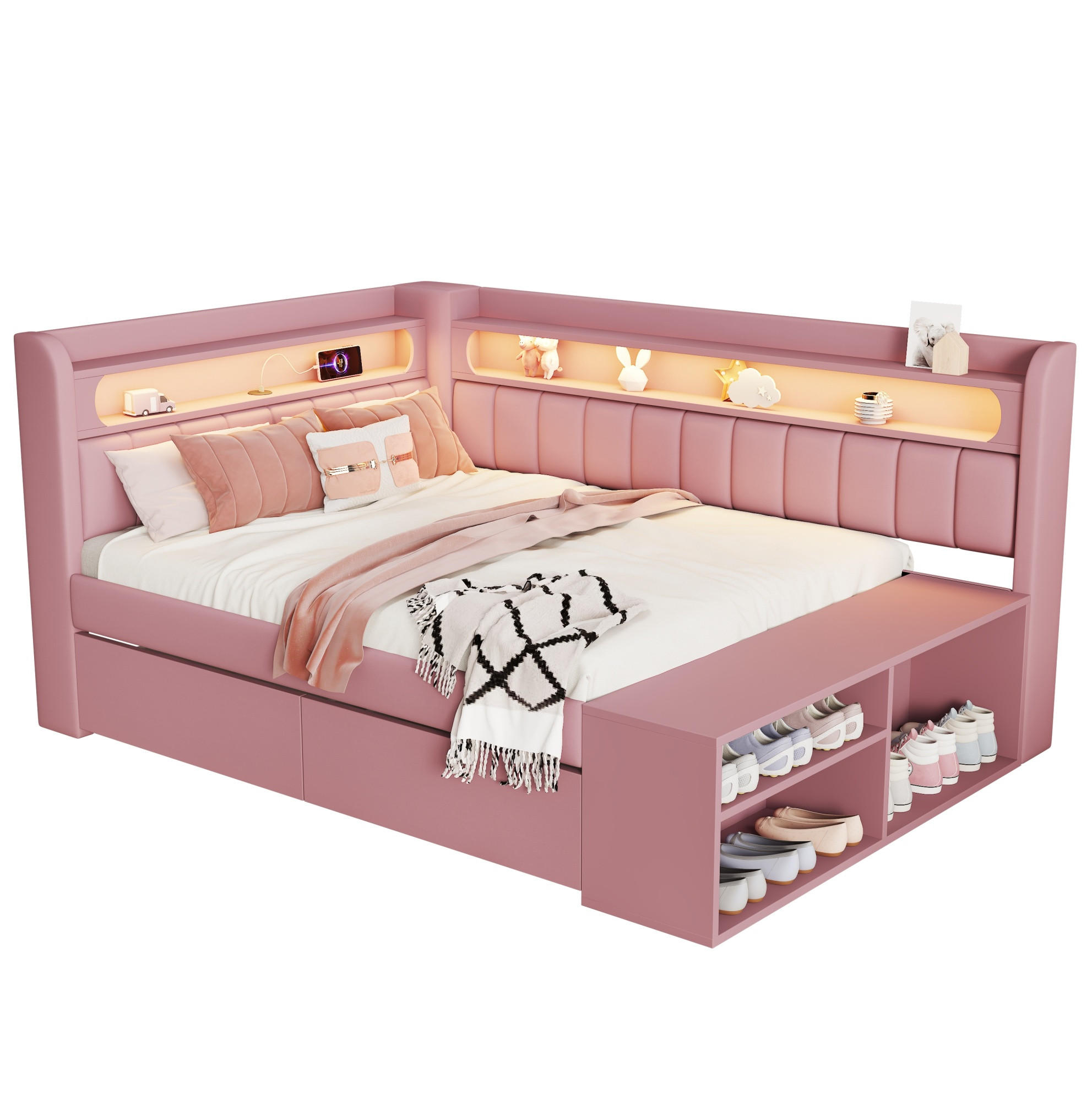 Redom POSTEL 90/200 cm s LED osvětlením, USB, botníkem a 2 zásuvkami, lněné čalounění, růžová
