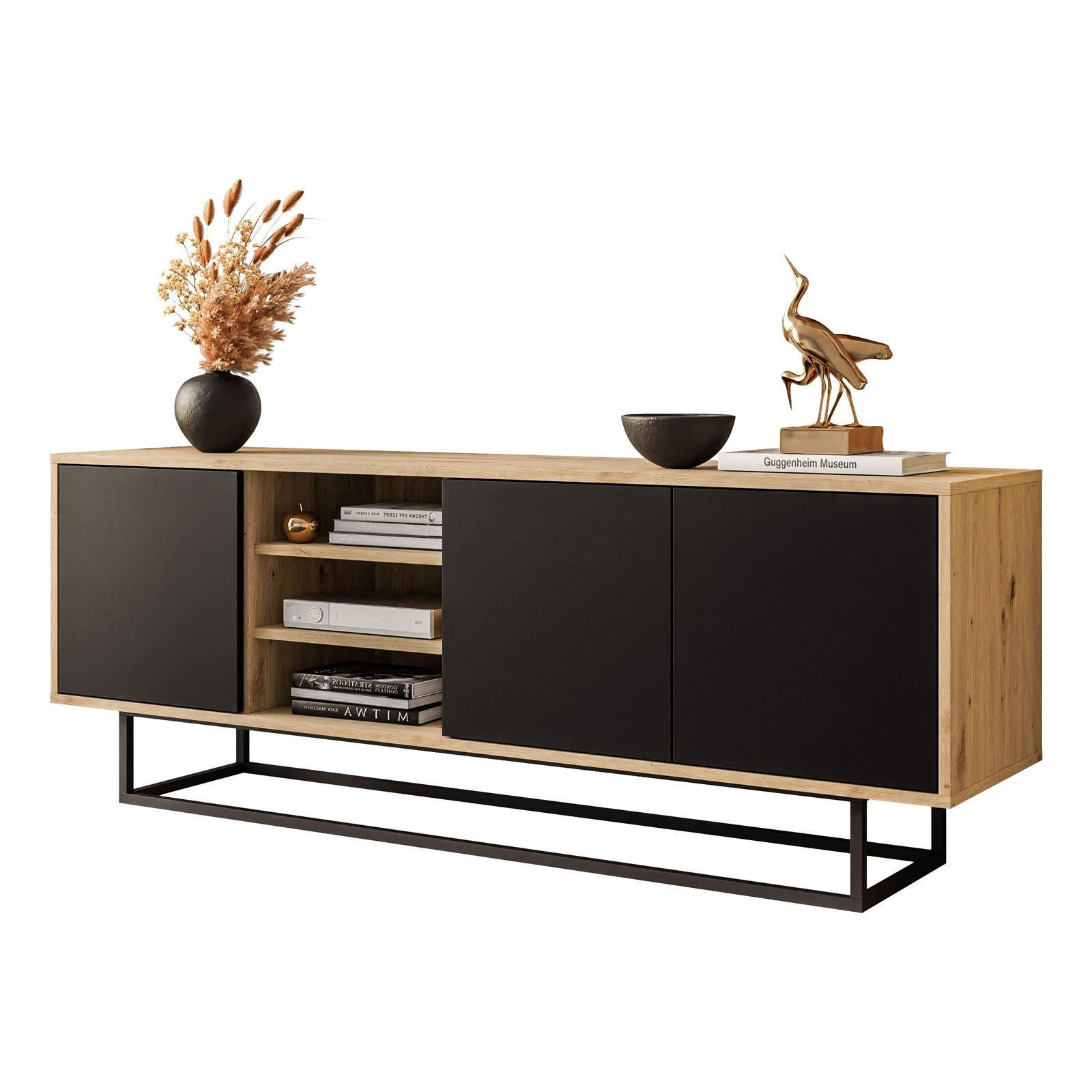 TV-ELEMENT SANAYI II mit Regalen Eiche Artisan/Schwarz - Schwarz, Holzwerkstoff (156/56/38cm) - Lookway