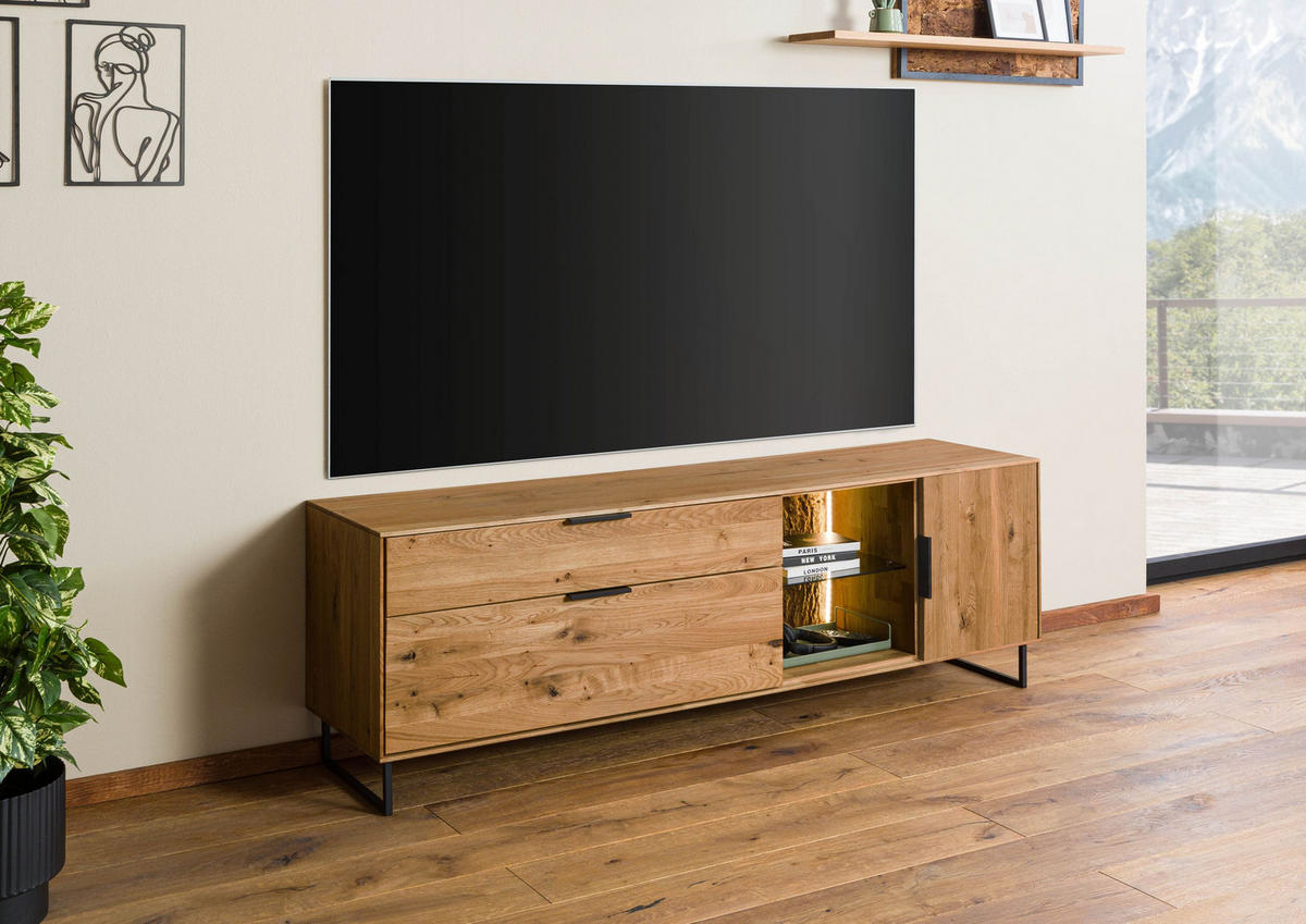 LOWBOARD Wildeiche mit Holztür 180x43x59 natur geölt LINDAU #25 - Naturfarben, Holz (43/59/180cm) - Massivmoebel24